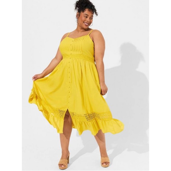 torrid Dresses & Skirts - Torrid Women's Yellow Voile Stripe Lace Button Front Sleeveless Midi Dress NWT